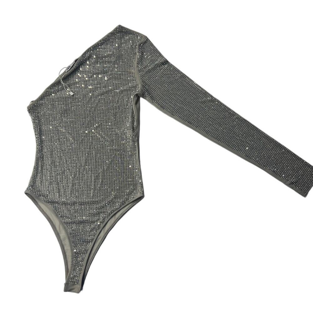 Zara Silver Studded One Sleeve Mesh Bodysuit S NWOT